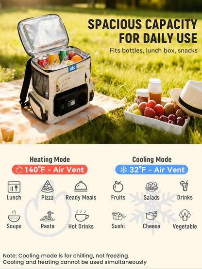 Portable Electric Cooler Bag 16Qt, 32°F Cooling & 140°F Warming, 12V Car Plug in Refrigerator Cooler with 110V AC Adapter for Camping, Travel & Road Trips