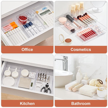 SMARTAKE 6 PCS Clear Plastic Drawer Organizers Set, Large Size Non-Slip Desk Drawer Organizer, Versatile Bathroom and Vanity Drawer Organizer Trays for Makeup, Bedroom, Office, Kitchen Utensils