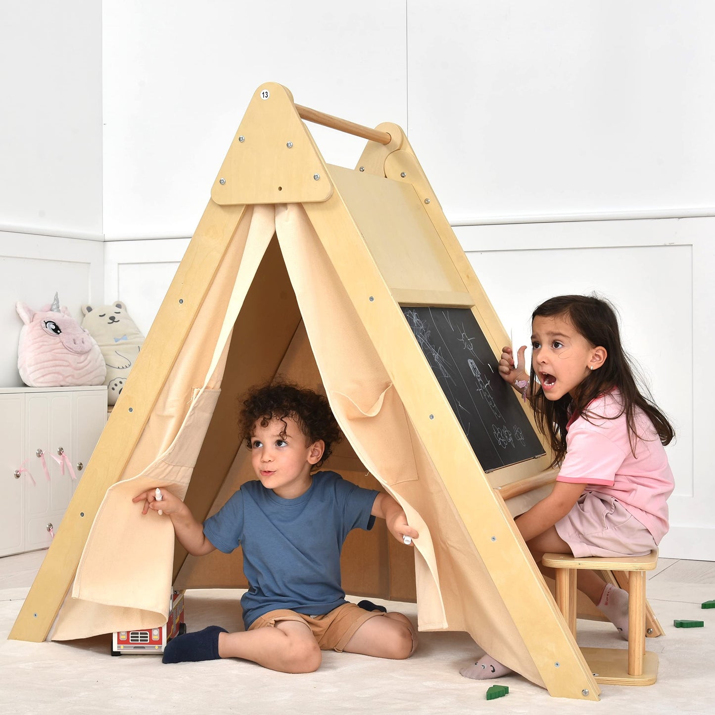 Avenlur Oak Foldable Triangle Climber 5 in 1 Kids Playhouse Hideaway Montessori Learning Play Tent, Desk, Chair Stool, Art Easel, Chalkboard, Teepee Climbing, Crawling Tunnel Toy Toddler Playset