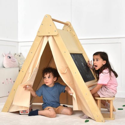 Avenlur Oak Foldable Triangle Climber 5 in 1 Kids Playhouse Hideaway Montessori Learning Play Tent, Desk, Chair Stool, Art Easel, Chalkboard, Teepee Climbing, Crawling Tunnel Toy Toddler Playset