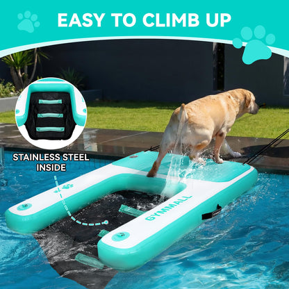 GYMMALL Dog Water Ramp 47 * 40inch Inflatable Pet Floating Platform Green, Dog Dock Ramp for Boat Pool Lake Sea, Non-Slip Pool Water Ramp for Dogs up to 220lbs, EVA Float Ramp Dog Water Ladder