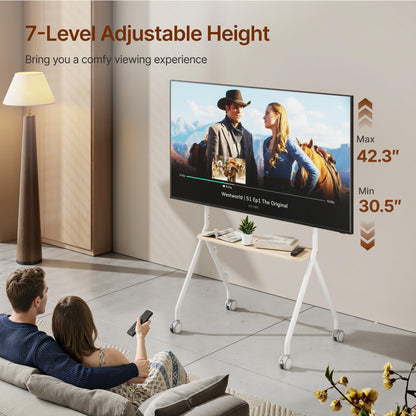 ECOTINY Rolling Easel TV Stand for 49–80 Inch TVs, Mobile TV Cart with Lockable Wheels, Height Adjustable Floor Stand with Wood Shelves and Cable Management, VESA 600x400, White