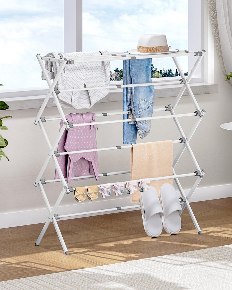 APEXCHASER Drying Rack Clothing - 3 Tier Metal Clothes Drying Rack Collapsible, Laundry Drying Rack Expandable, Small Clothe Airer for Baby Clothes Towel Bib Sock Indoor Outdoor Use(White)