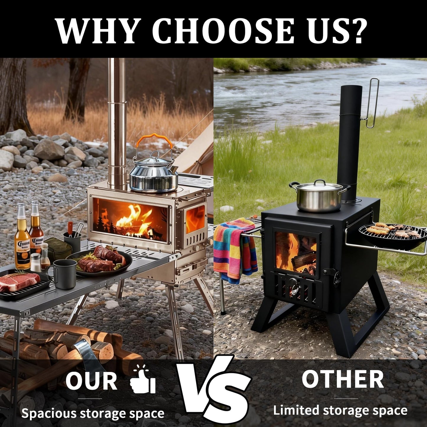 CAMPJOURNEY M6 Gold Wood Stove with Oven & IGT Table, Gold Finish, 2100 cu in Firebox, Portable Hot Tent Stove for Camping, 98" Chimney, Luxury Outdoor Heating for Winter Tent, Ice Fishing, Hunting