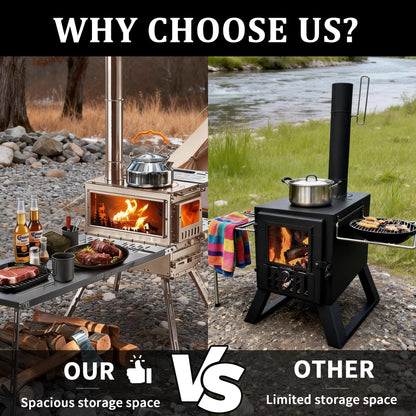 CAMPJOURNEY M6 Gold Wood Stove with Oven & IGT Table, Gold Finish, 2100 cu in Firebox, Portable Hot Tent Stove for Camping, 98" Chimney, Luxury Outdoor Heating for Winter Tent, Ice Fishing, Hunting