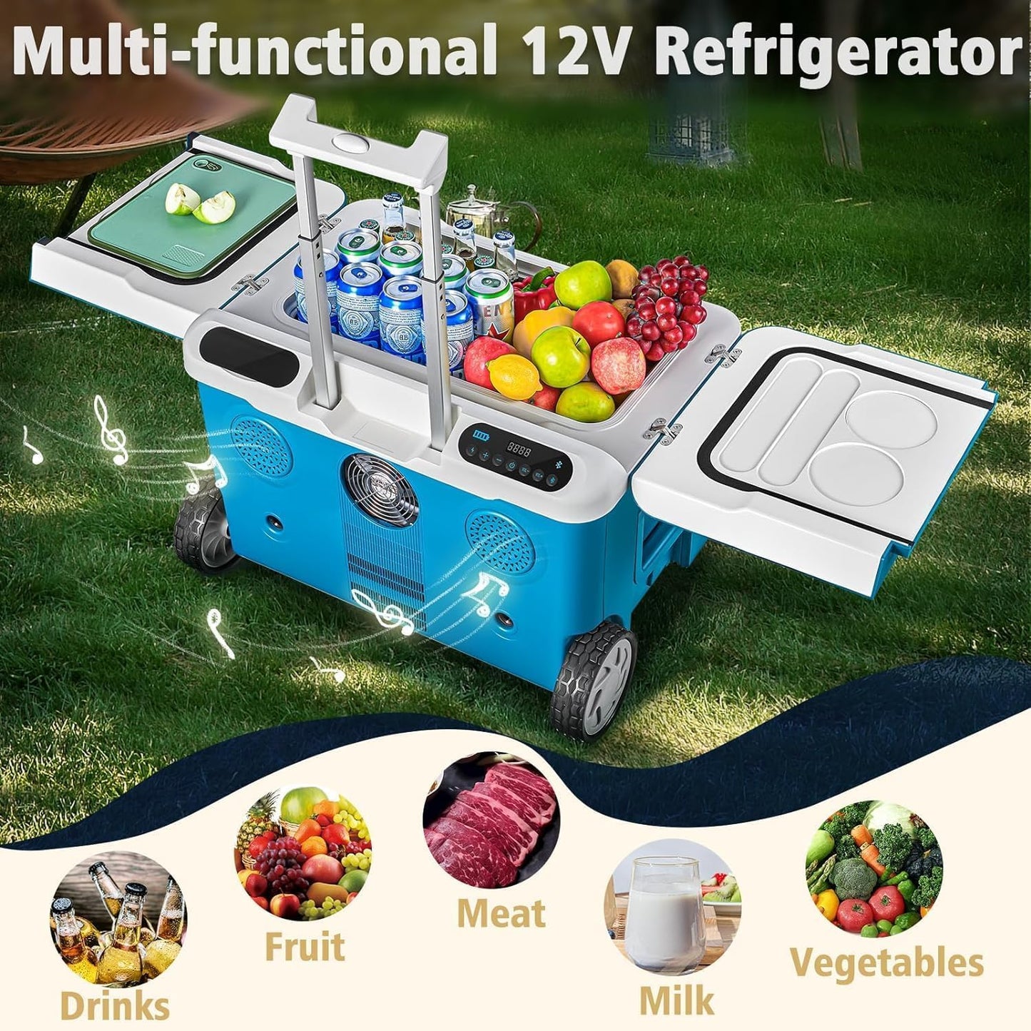 AAOBOSI Car Fridge, 40Quart（36L） Portable 12 Volt Car Refrigerator Cooler with Wheels&Bluetooth Speaker&Handle&Battery Powered, -4℉~68℉ with 12/24V DC,100-240VAC for Camping, Beach,Party,Pool