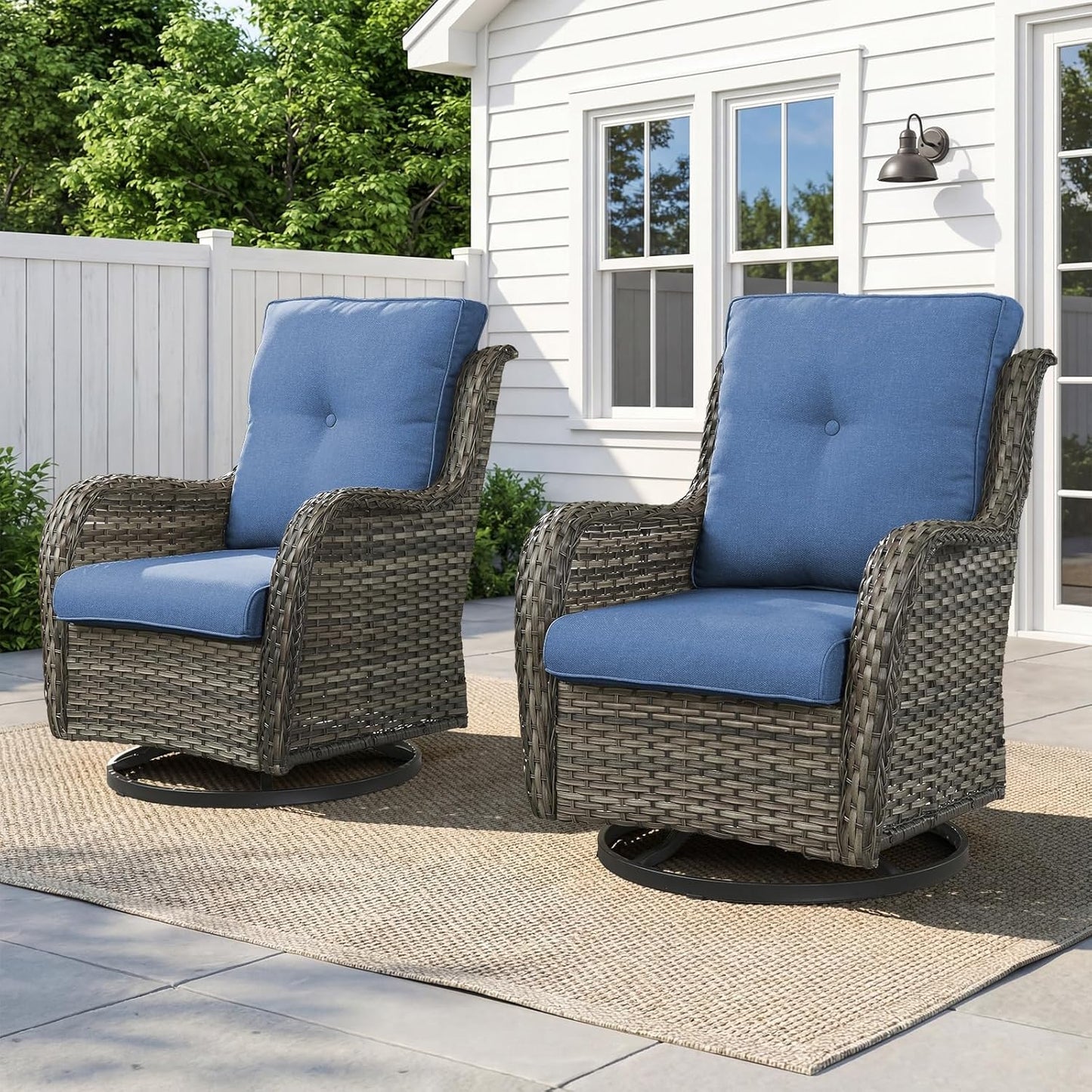 Belord Outdoor Swivel Chairs - Set of 2 All-Weather Wicker Rockers for Patio & Deck - Gray/Blue