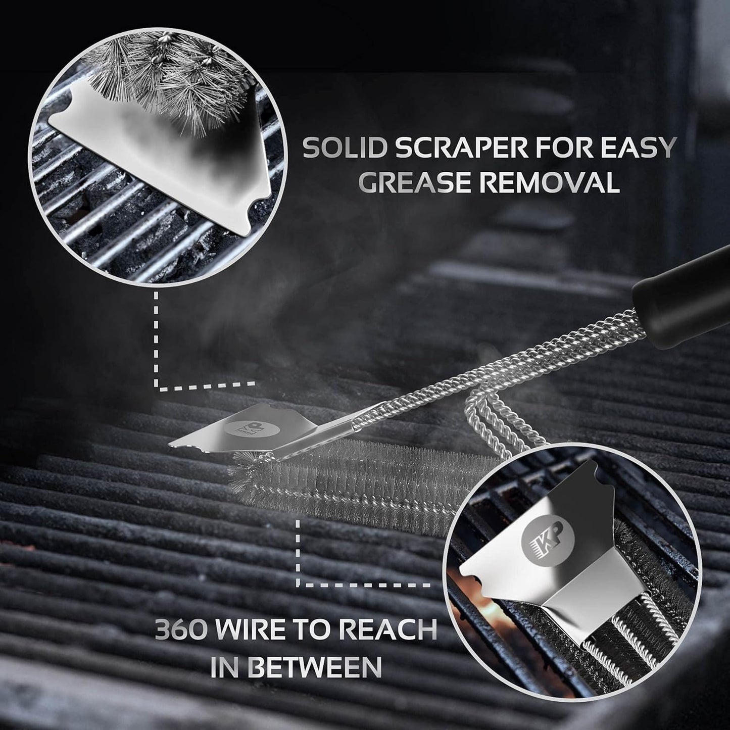 KITCHEN PERFECTION Grill Brush - Safe Wire BBQ Cleaner with Scraper & Mat | Extended Handle for Easy Cleaning