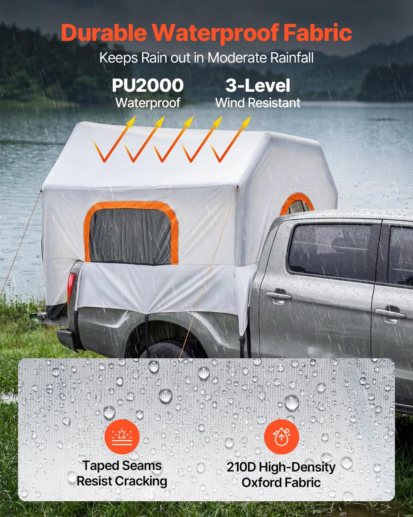 VEVOR Inflatable Pickup Truck Tent, 7.2 x 5.4 FT 3-Season Truck Bed Tent with Ventilated Mesh Windows, PU2000mm Waterproof Pickup Camping Tents for Outdoor Hiking Activities - Air Pump Included
