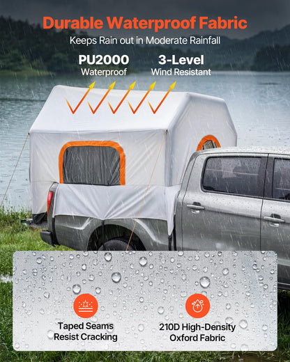 VEVOR Inflatable Pickup Truck Tent, 7.2 x 5.4 FT 3-Season Truck Bed Tent with Ventilated Mesh Windows, PU2000mm Waterproof Pickup Camping Tents for Outdoor Hiking Activities - Air Pump Included
