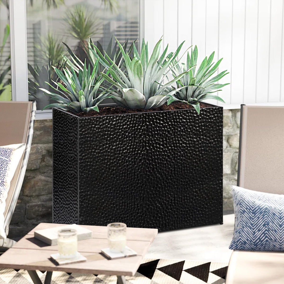 Tall Planters for Outdoor Plants - Hand-Hammered Metal Large Rectangular Block Planter Box with Drainage Holes, Modern Planters Indoor Outdoor Flower Plant Pots Patio Yard Front Porch Deck,32x12x24"
