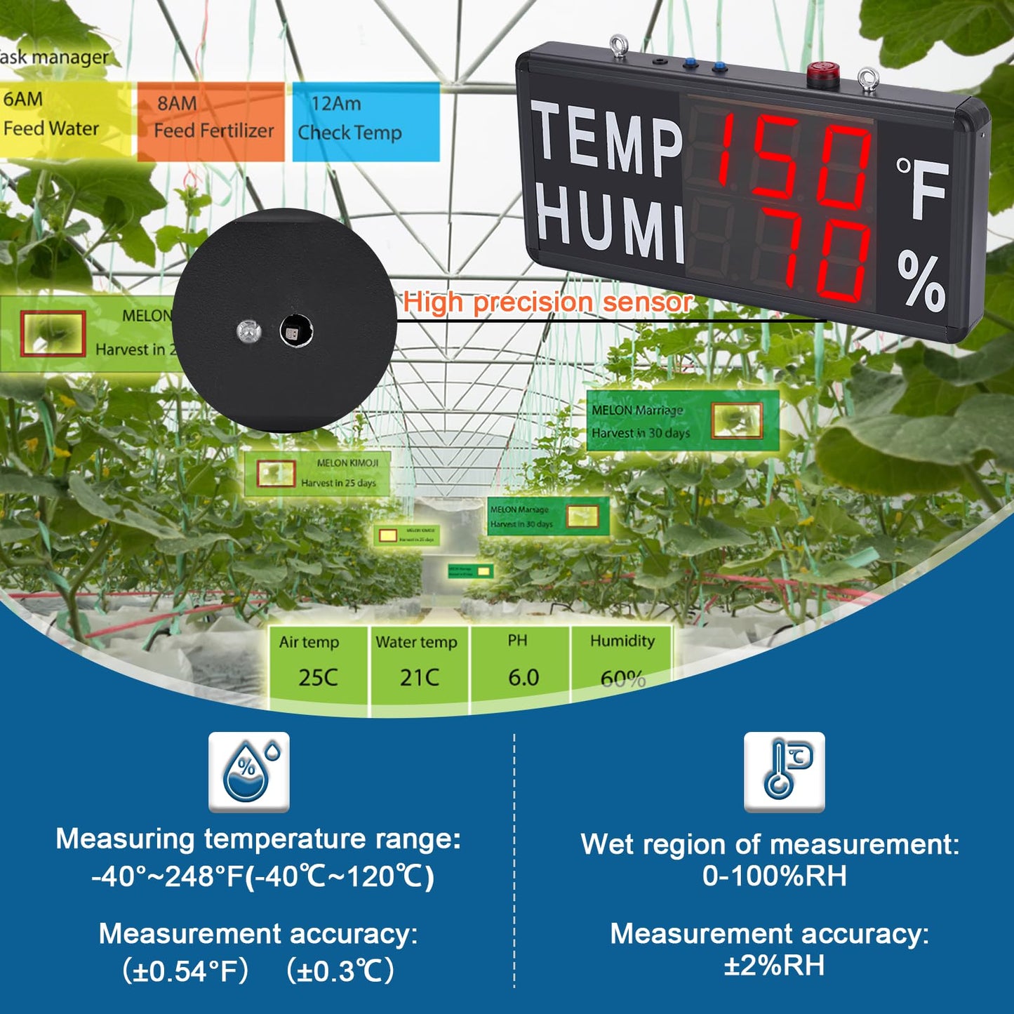 JIAWANSHUN 4" Large LED Thermometer Hygrometer with High Brightness Red Display, High Accuracy (-40°F~248°F / 0-100% RH), Features Custom Alarm & Wide Voltage for Industrial, Greenhouse & Farm Use