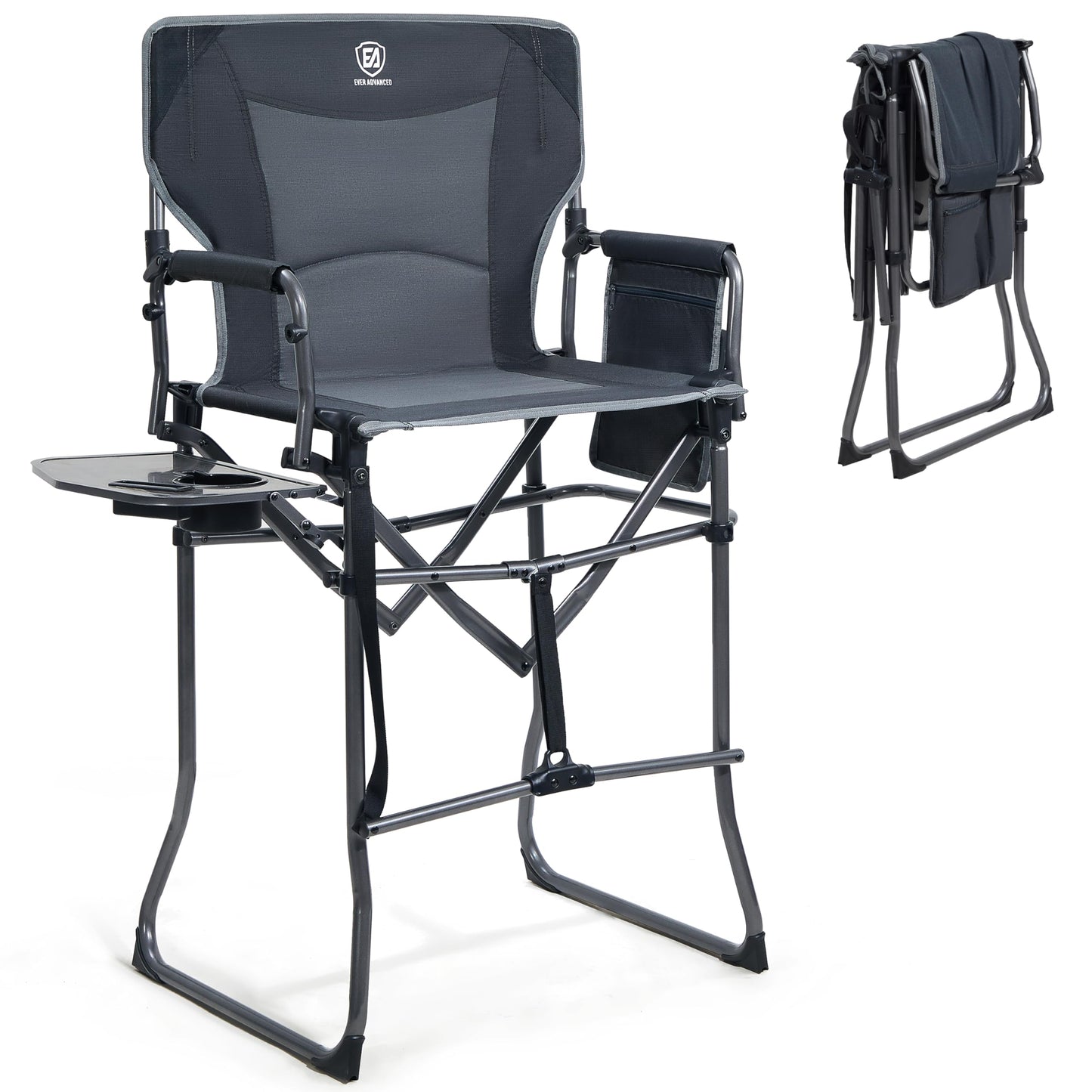 EVER ADVANCED Portable 30.7" Seat Height Tall Folding Camping Chair Directors Chair High Foldable Bar Stool with Side Table for Makeup Artist, Sports Event, Craft Show, Supports 350LBS