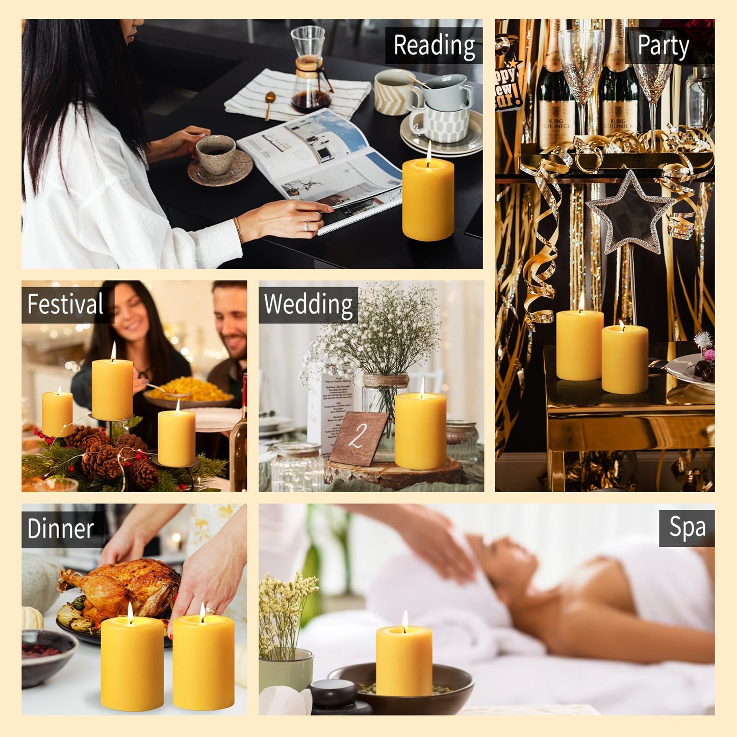 Natural Beeswax Pillar Candle, 120 Hours Long Burning Emergency Candles Unscented Pure Beeswax Pillar Candles 3x4in Dripless Bees Wax Candles for Home Paryer Parties, 2 Packs