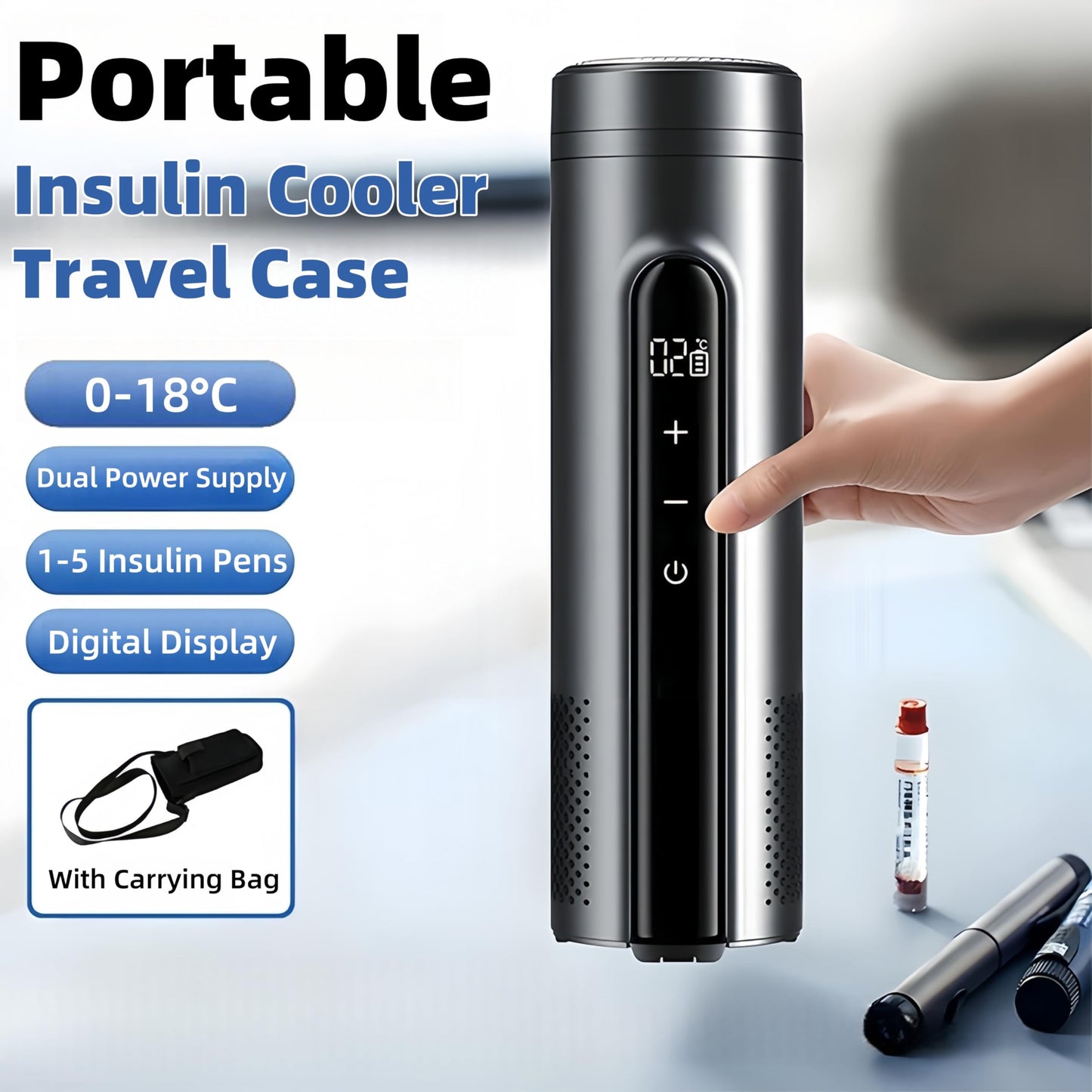 Insulin Cooler Travel Case, 0-18°C Portable Diabetic Medication Coolers for Travelling, Refrigerated Medicine Travel Cooler Case Bag for 1-5 Insulin Pens, Battery Powered with Digital Display