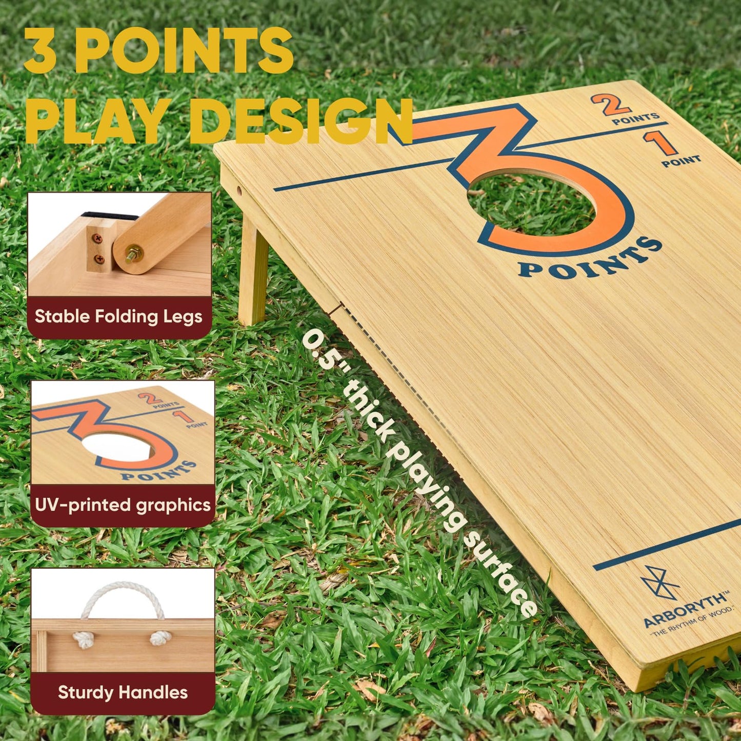 ARBORYTH Tailgate 3x2 FT Cornhole Board Set for Adults, Premium Wooden Bean Bag Toss Game with 8 All-Weather Bean Bags, Integrated Bean Bag Storage, Foldable Legs Outdoor Game - Natural