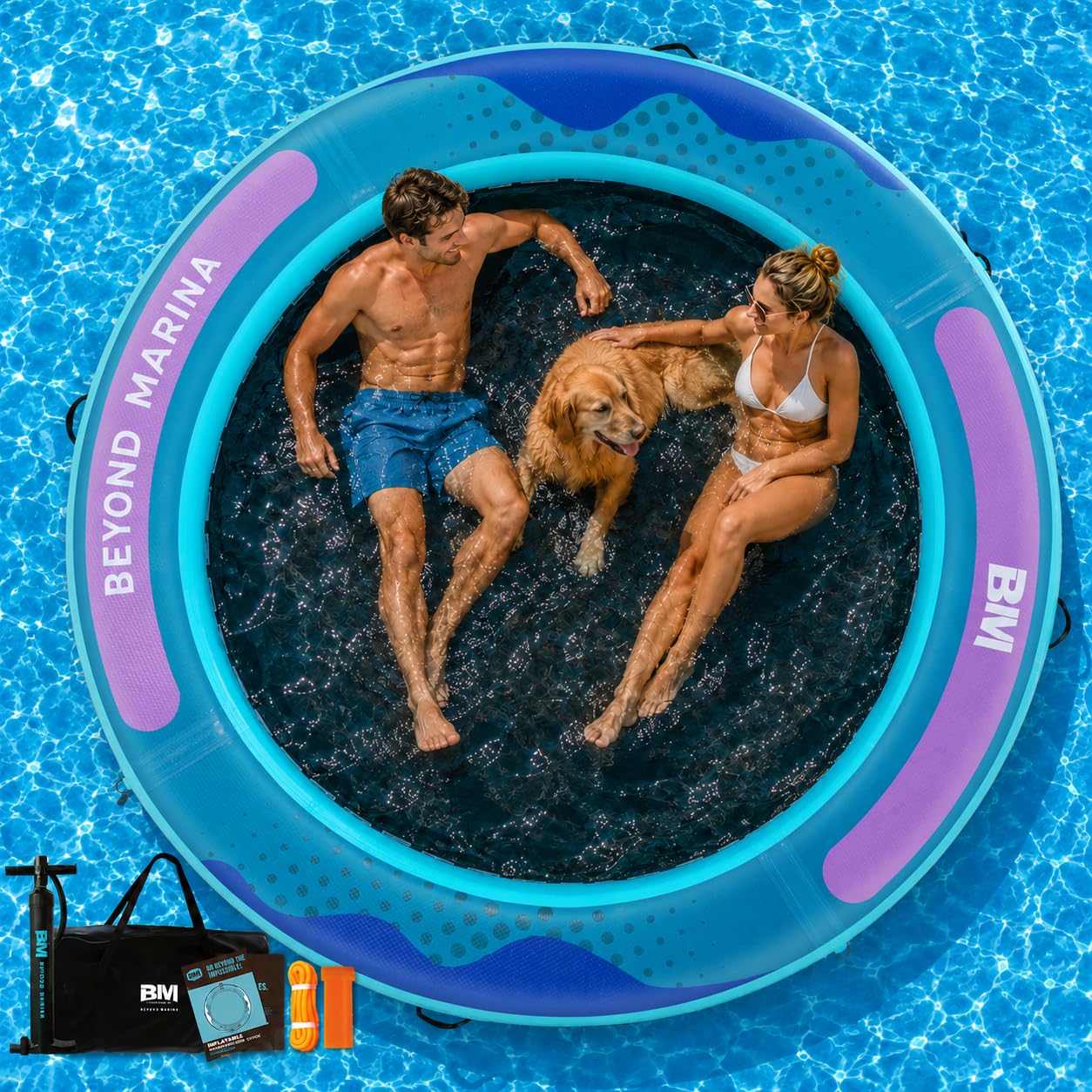 BEYOND MARINA Inflatable Water Hammock Floating Air Dock River Float with Mesh Heavy Duty Round Ring Raft for Pool Lake Ocean Portable Island Platform Pad 8'*6'*6"