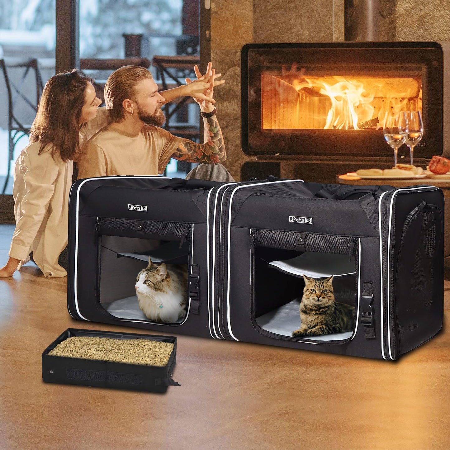 Petskd Portable Double Cat Carrier with Litter Box for Multiple Cats 2in1 Car Travel Carriers 36x17x17in Dual Large Cat Carrier with Safety Locking Zippers for Long Distance Travel