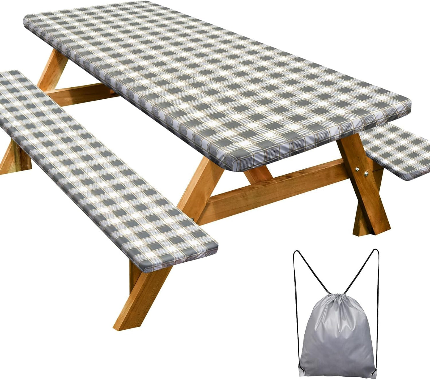 Picnic Table Cover - Waterproof & Windproof Camping Tablecloth with Bench Covers | 72in, Gray White