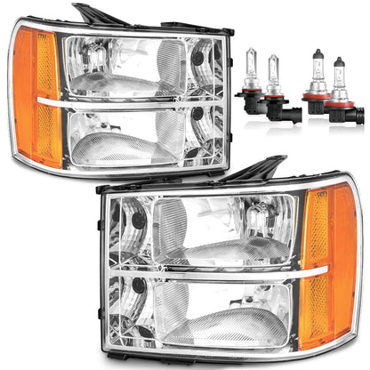 ROADEAL Headlights W/Bulbs for 2007-2013 GMC Sierra 1500/2007-2014 Sierra 2500 HD 3500 HD Halogen Headlamp Replacement Driver & Passenger Side
