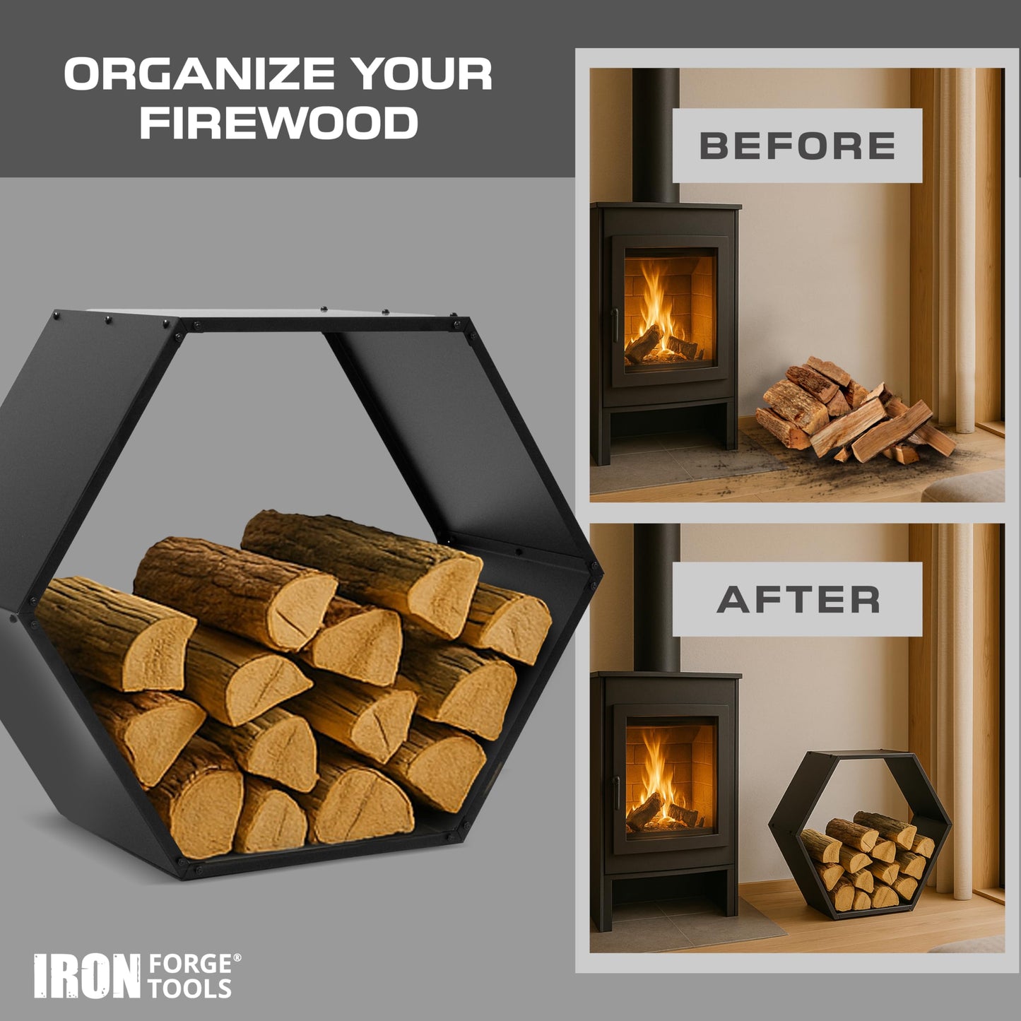 Iron Forge Tools Firewood Rack Outdoor Indoor Fire Wood Rack - 30 in. Hexagon Fire Log Holder, Powder Coated Steel Heavy Duty Firewood Holder Wood Storage Rack with Cover