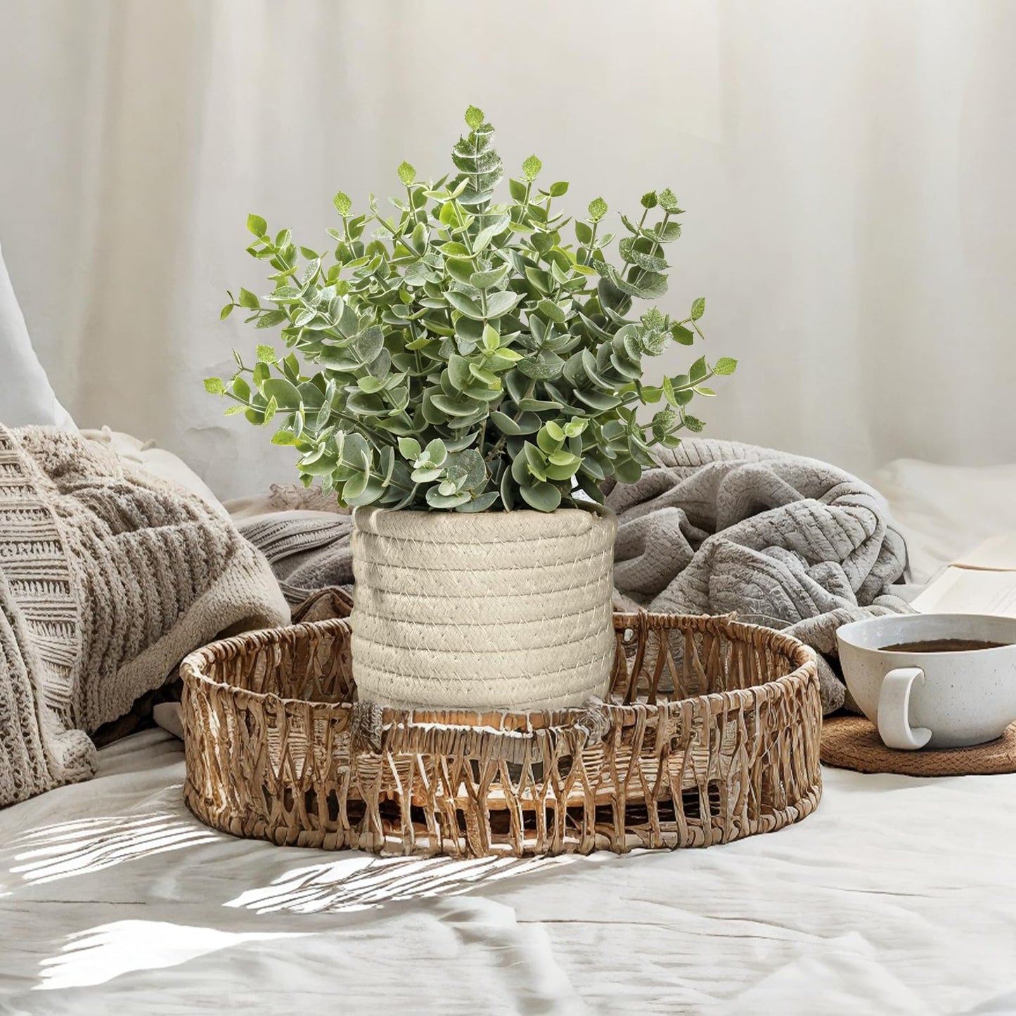 Hopewood Faux Plants, Fake Plants Eucalyptus Potted for Home Office Desk, Artificial Eucalyptus with a Weave Basket for Indoor Greenery Tabletop