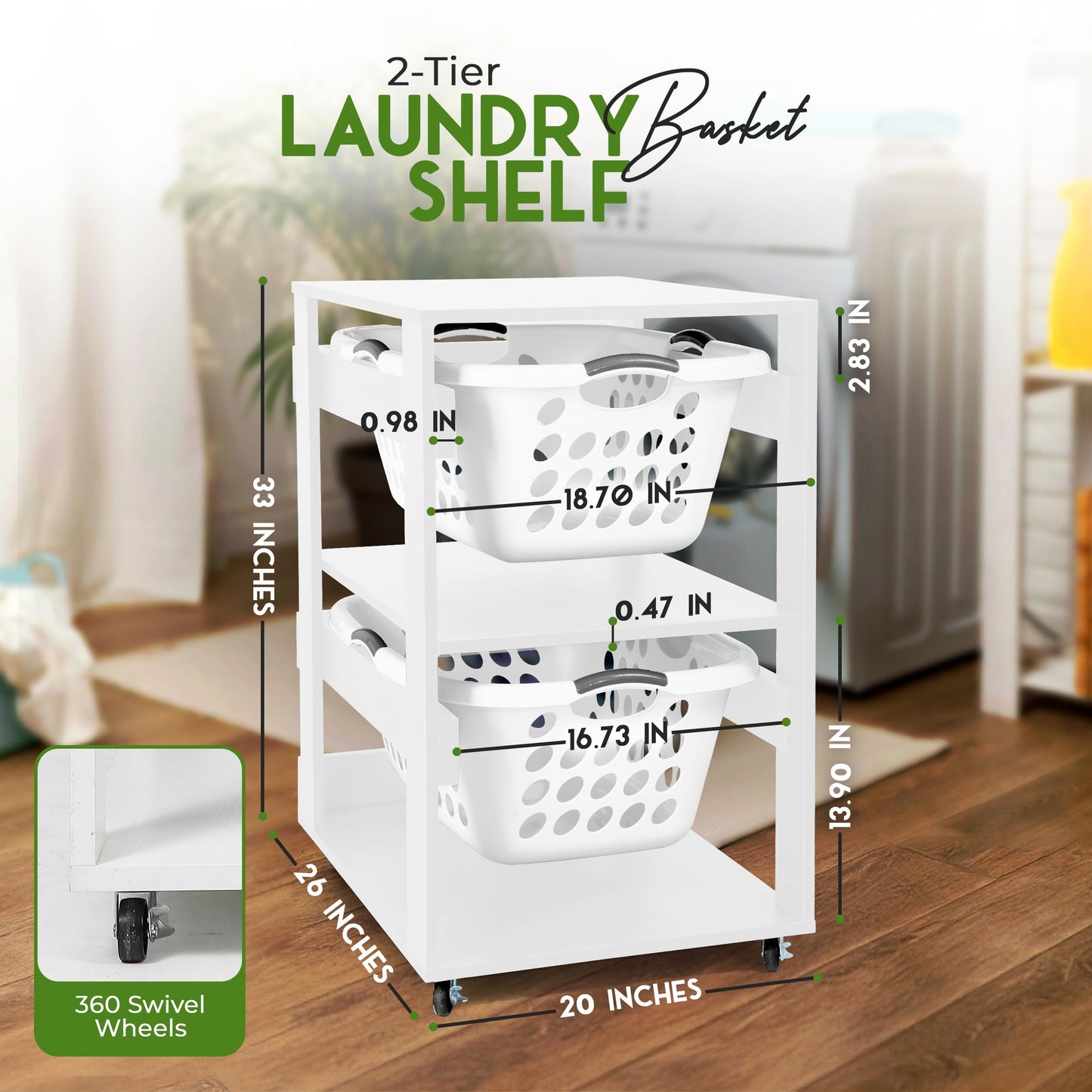 Laundry Basket Holder Shelf – Stackable Engineered Wood Laundry Tower with Wheels, Tiered Laundry Hamper Organizer for Bathroom, Bedroom, Closet (White, 2 Tier)