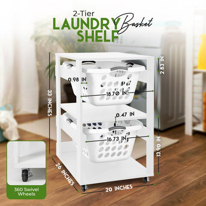 Laundry Basket Holder Shelf – Stackable Engineered Wood Laundry Tower with Wheels, Tiered Laundry Hamper Organizer for Bathroom, Bedroom, Closet (White, 2 Tier)
