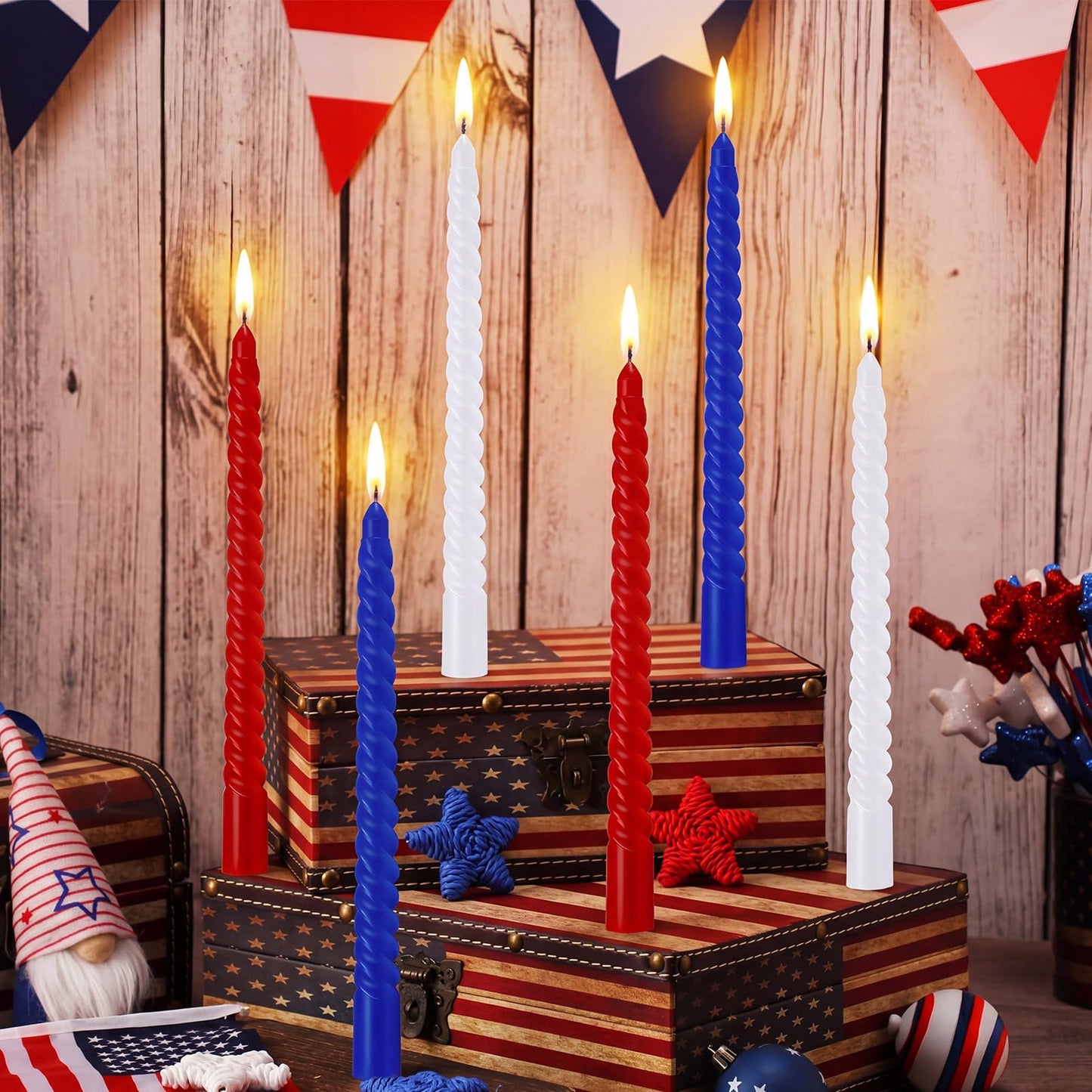Conelist 12 Pack Red White Blue Spiral Taper Candles Patriotic Flameless Candles Unscented Dripless Twisted Candle Decor with Box 10 Inch for 4th of July 250 Anniversary Independence Day