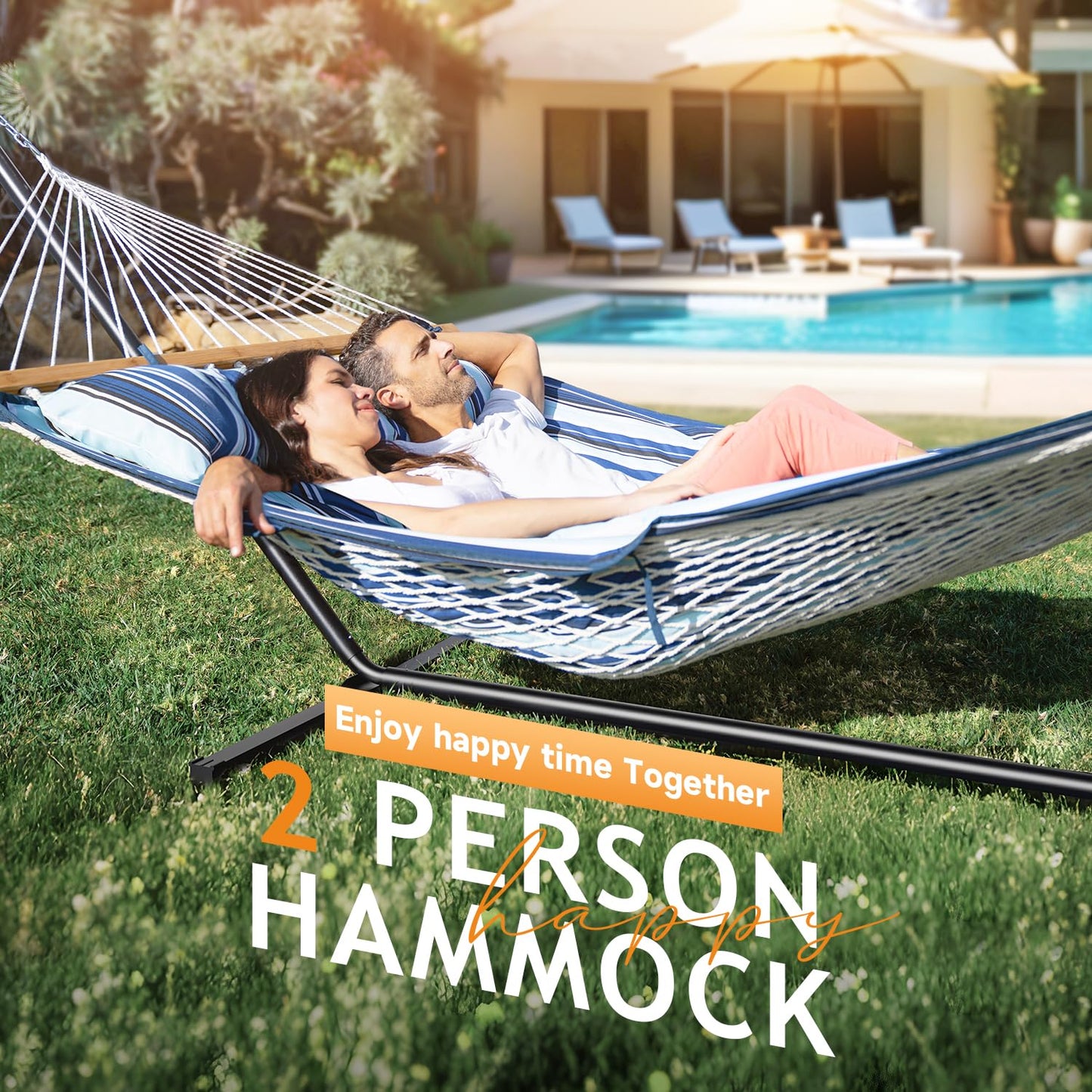 Everyfun 2 Person Outdoor Hammock with Stand, Cotton Rope Hammock with Polyester Pad, Adjustable Steel Frame, Portable with Carrying Bag – for Patio, Backyard, Garden, Beach, Blue