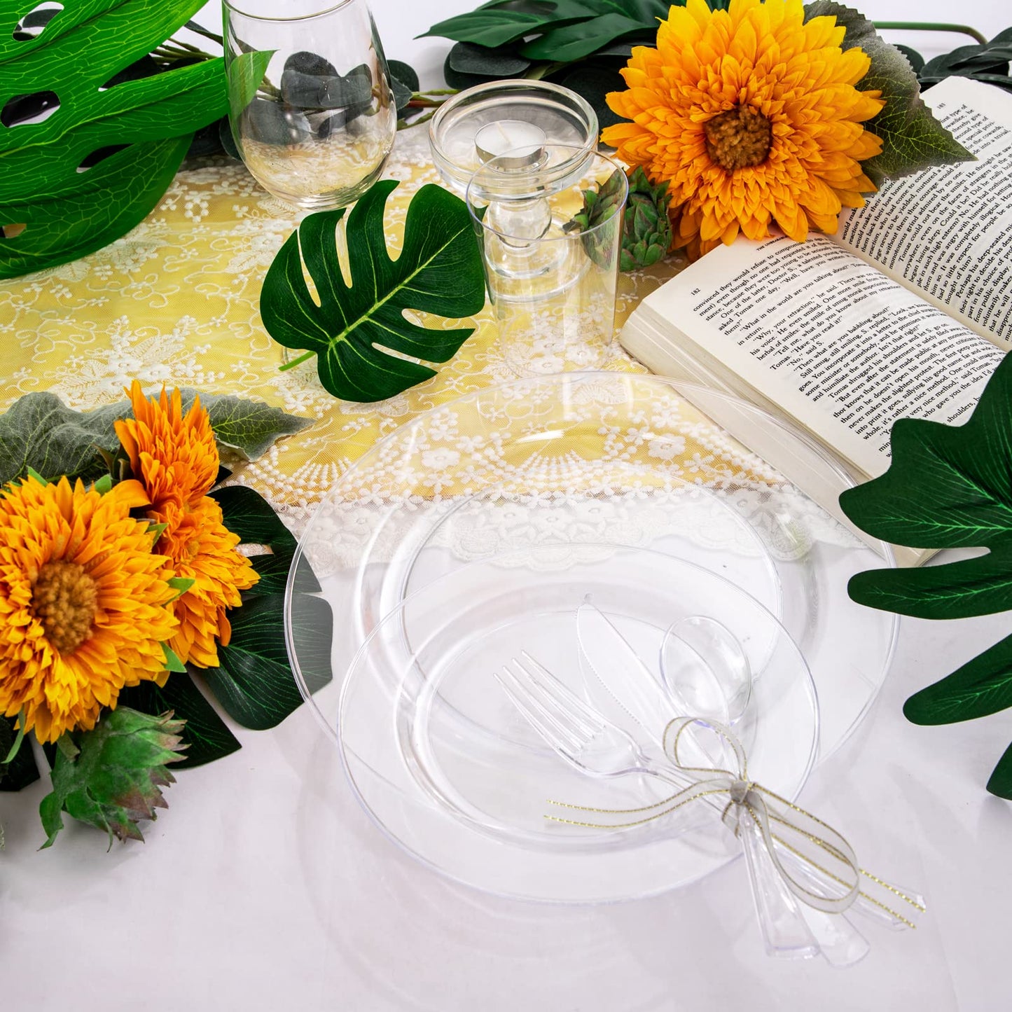 WDF 25 Guest Clear Plastic Plates with Clear Plastic Silverware - Clear Plates and Cups for Party include 25 Dinner Clear Plates, 25Salad Plates, 25Forks, 25Knives, 25 Spoons, 25Cups