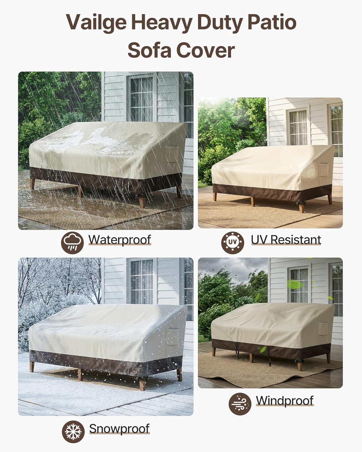 Vailge Heavy Duty Patio Sofa Cover - 100% Waterproof 3-Seater Outdoor Protection | 60"W x 35"D x 35"H, Beige & Brown
