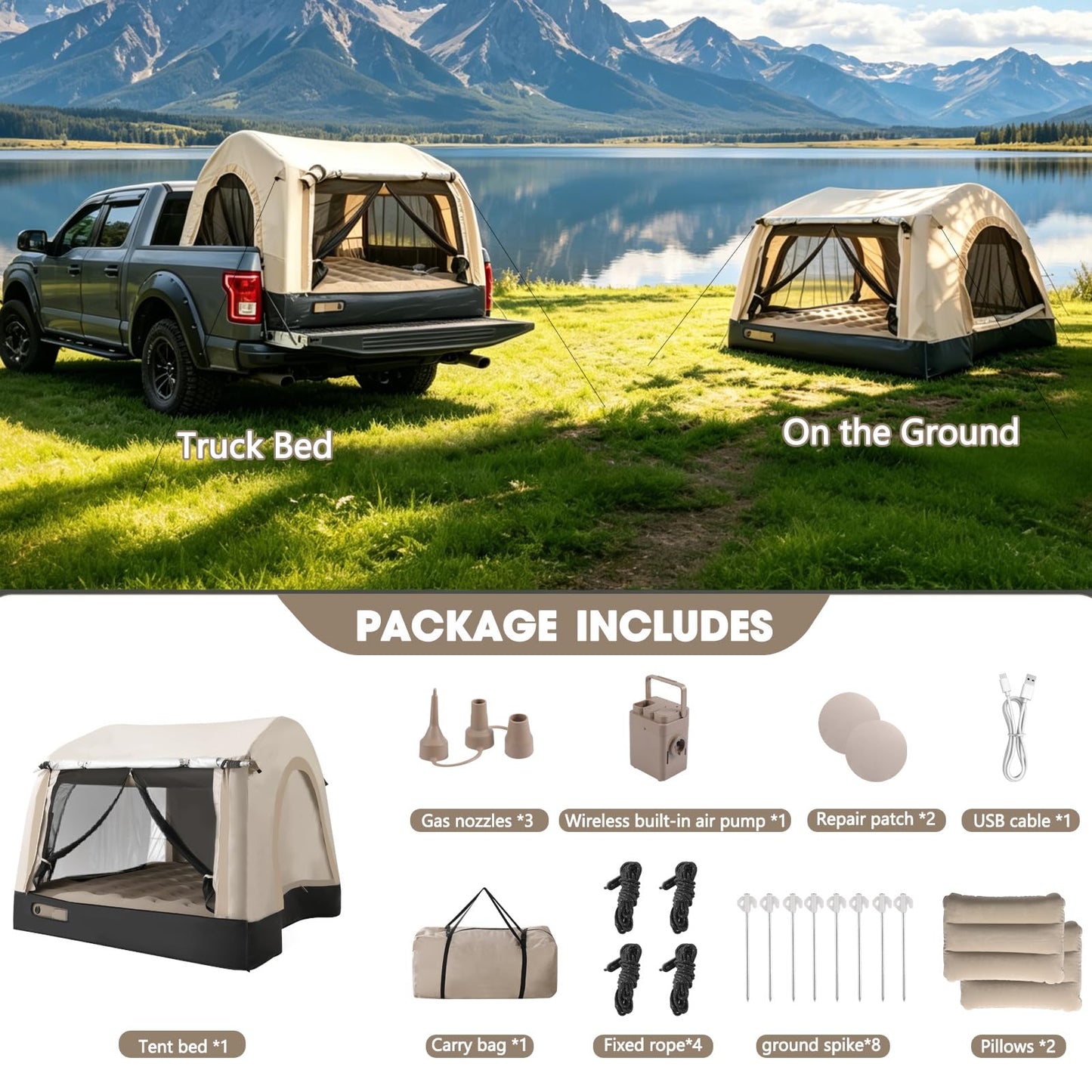 Afurkuot Inflatable Truck Tent & Air Mattress with Built-in Pump and Inflatable Pillow, Waterproof PU2000mm Double Layer Air Mattress Pickup Trcuks Tent for Road Trip Camping Outdoor Travel