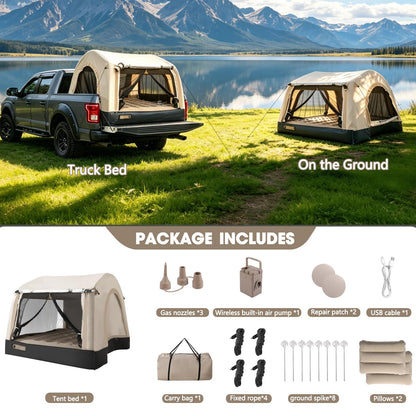 Afurkuot Inflatable Truck Tent & Air Mattress with Built-in Pump and Inflatable Pillow, Waterproof PU2000mm Double Layer Air Mattress Pickup Trcuks Tent for Road Trip Camping Outdoor Travel