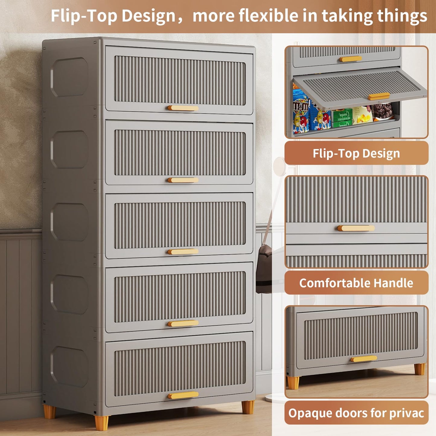 Fejrpkn 5 Tier Large Storage Bins with 1 Lid, 250QT Closet Organizers and Storage, Drawers Flip Open Large Plastic Storage Containers for Living Room, Office, Dorm (5 Tiers)
