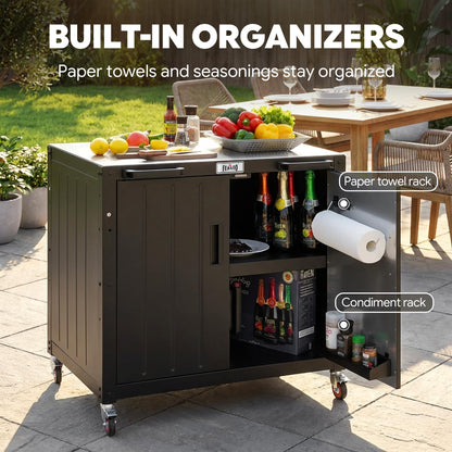 Feasto Outdoor Grill Cart with Storage Cabinet and Stainless Steel Top, 35-Inch Outdoor Grill Station with Door, Modular Kitchen Island for Food Prep and BBQ, Black & Silver