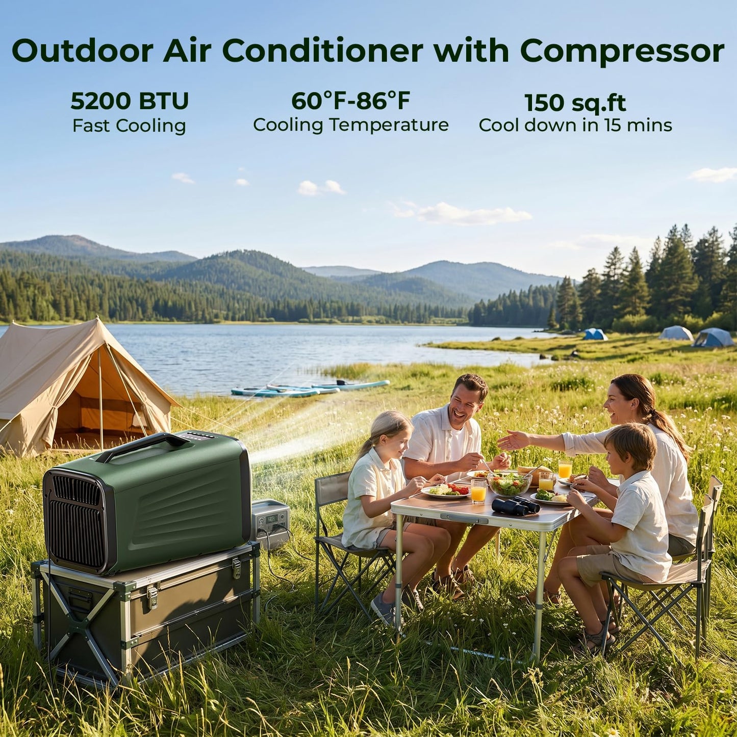 5200 BTU Portable Tent Air Conditioner for Camping, RV, Truck, Fishing. 400W Consumption Fast Cooling AC Unit for Outdoor Indoor Using, 4-in-1 Portable AC for Road Trips, Camping Adventures(Green)