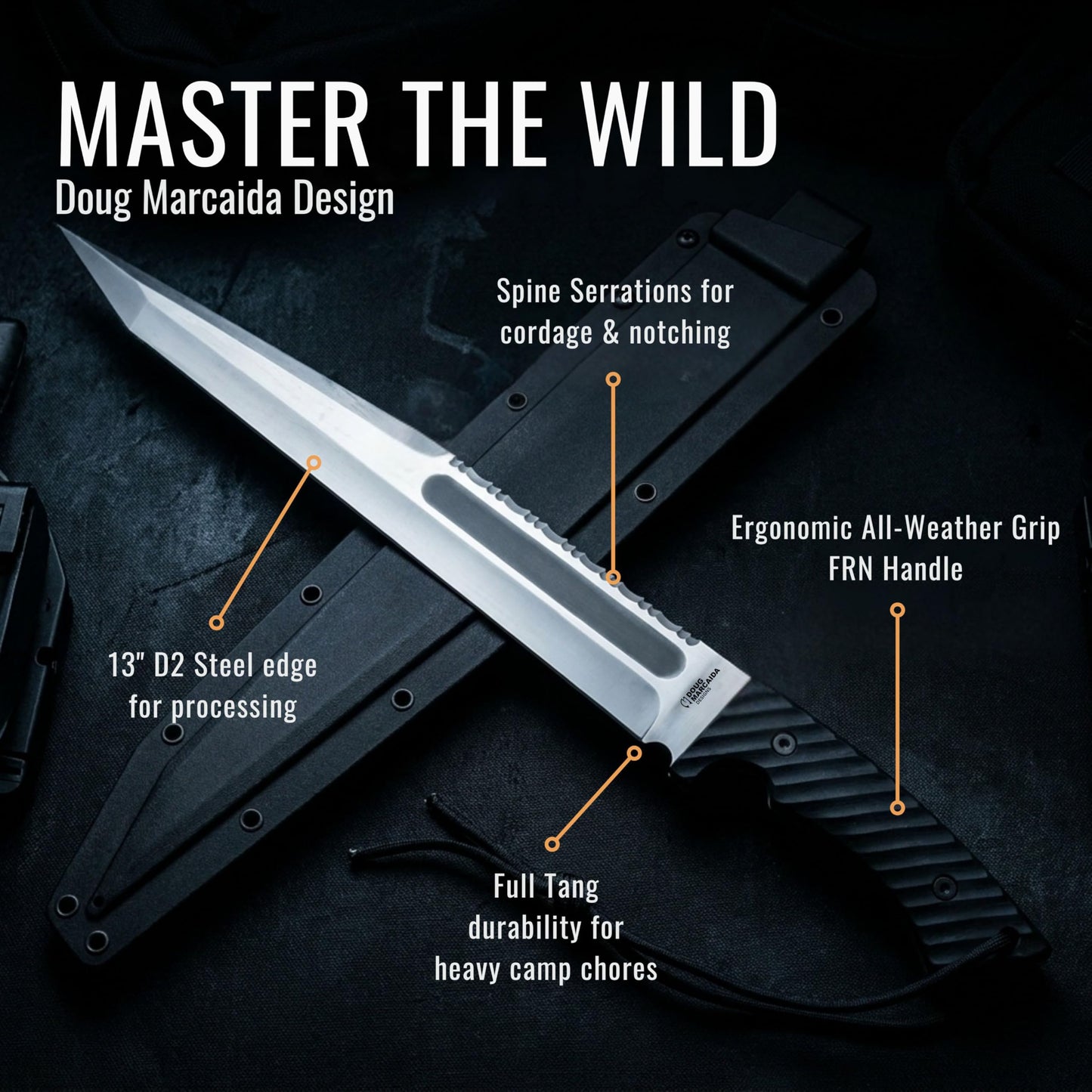BATTLBOX BattlBolt Fixed Blade Outdoor Survival Knife, Doug Marcaida Design, 13in D2 Steel Blade, FRN Handle, Kydex Sheath - Bushcraft, Camping, Field Use