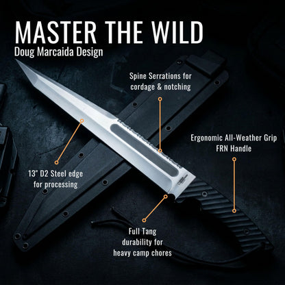 BATTLBOX BattlBolt Fixed Blade Outdoor Survival Knife, Doug Marcaida Design, 13in D2 Steel Blade, FRN Handle, Kydex Sheath - Bushcraft, Camping, Field Use