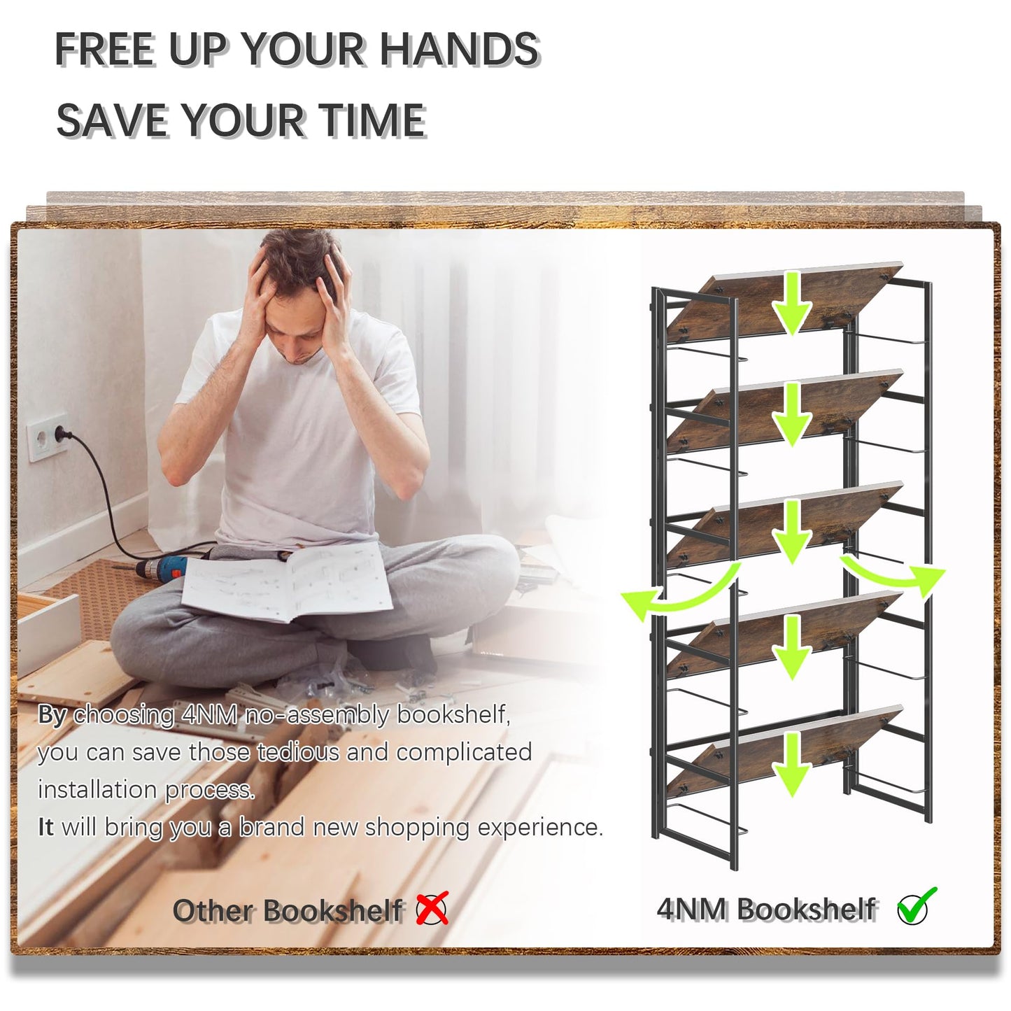 4NM No Assembly 5 Tier Collapsible Book Shelves, 51.2" H x 23.6" W Folding Bookshelf Bookcase Open Industrial Foldable Shelf for Bedroom, Living Room, Home Office - Rustic Brown