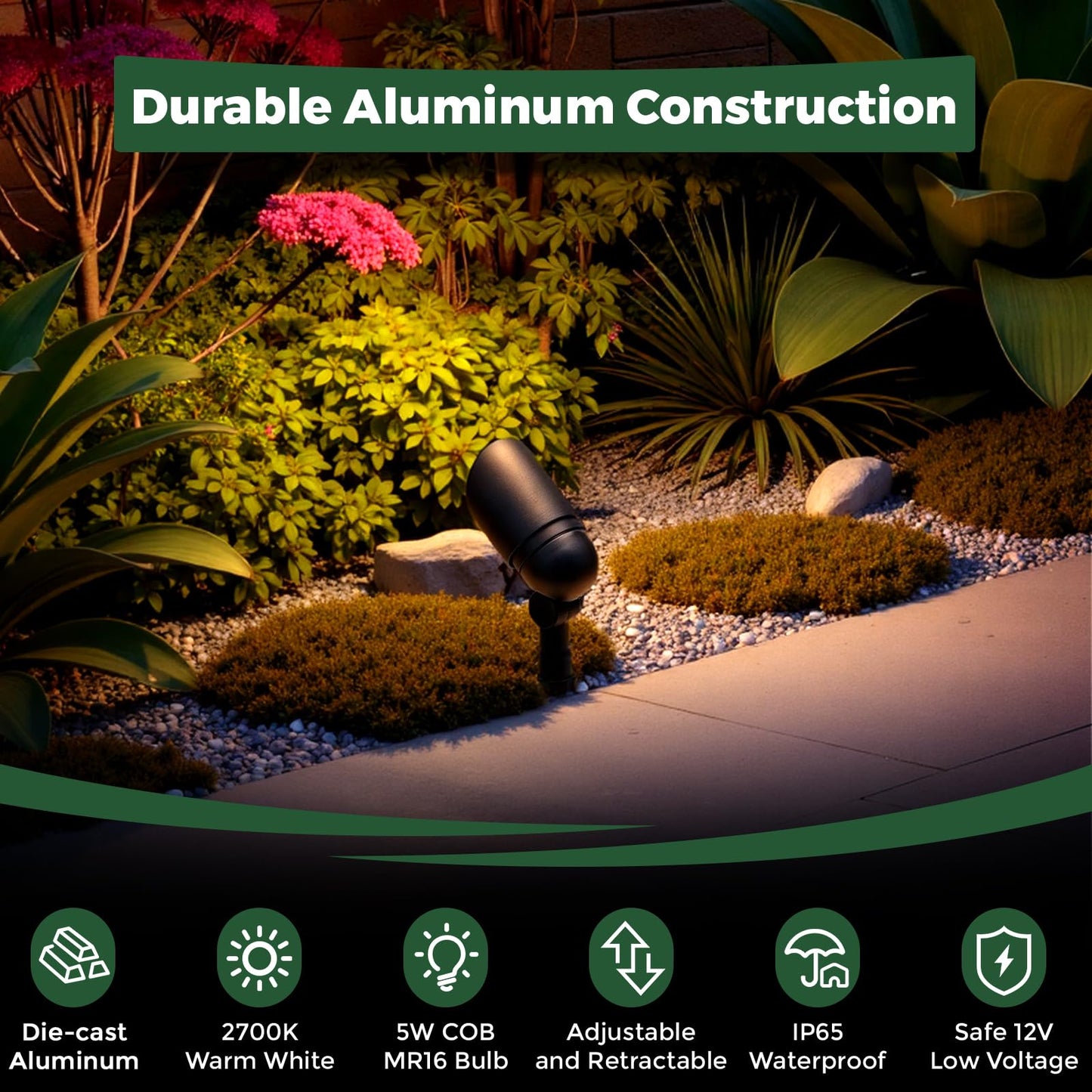 Gardencoin Low Voltage Landscape Spotlight, 12V LED Outdoor Landscape Lighting, Landscape Spot Lights Wired for Garden and Yard, Aluminum Up Lighting Fixture with 5W MR16 Replaceable Bulb (6 Pack)