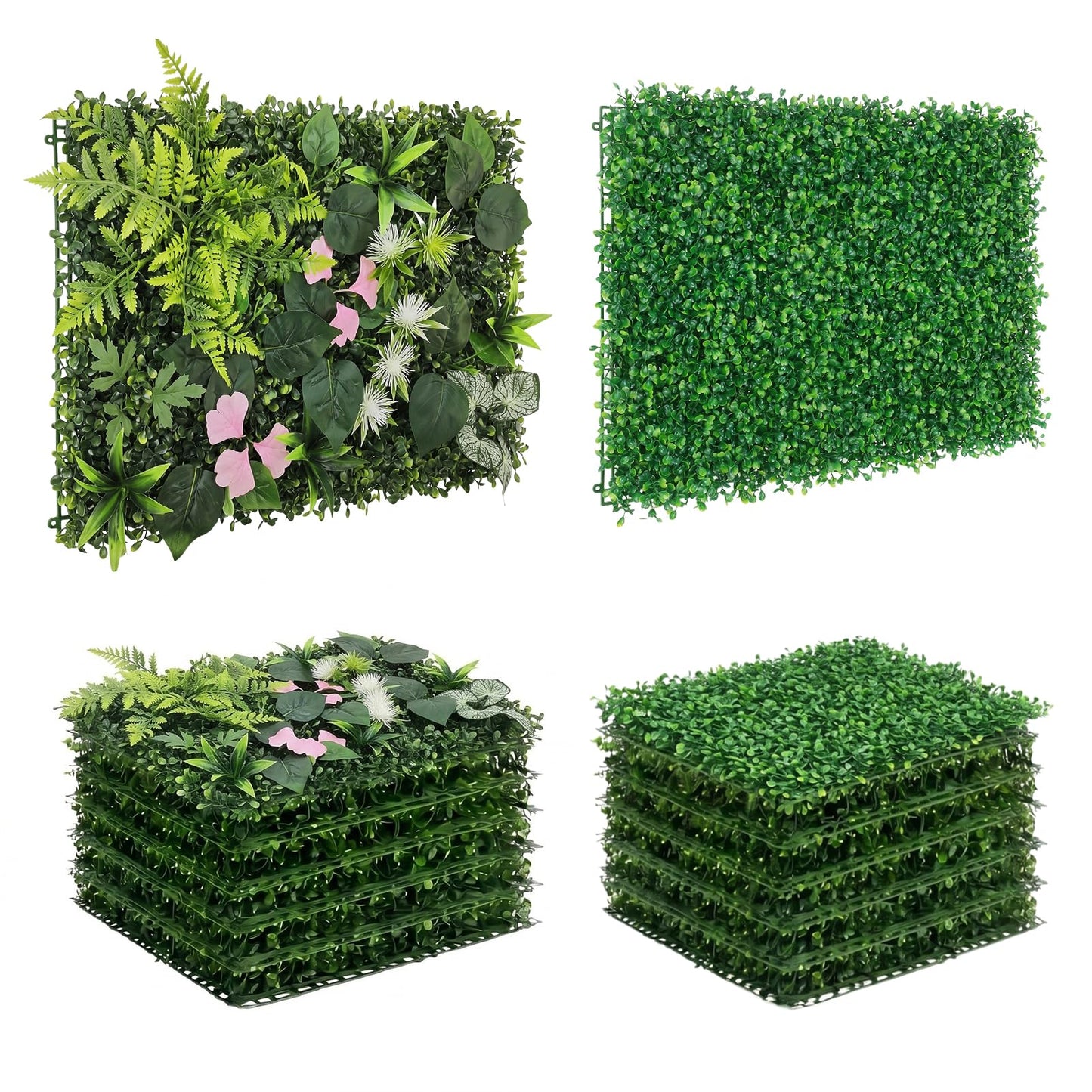 Artificial Grass Wall Panels 12pcs Boxwood Pink Bougainvillea Foliage Fern UV Protected Faux Greenery Hedge, Privacy Fence Screen, Grass Backdrop for Outdoor Indoor Garden Wall Decor 16'' x 24''