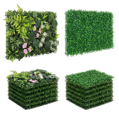 Artificial Grass Wall Panels 12pcs Boxwood Pink Bougainvillea Foliage Fern UV Protected Faux Greenery Hedge, Privacy Fence Screen, Grass Backdrop for Outdoor Indoor Garden Wall Decor 16'' x 24''