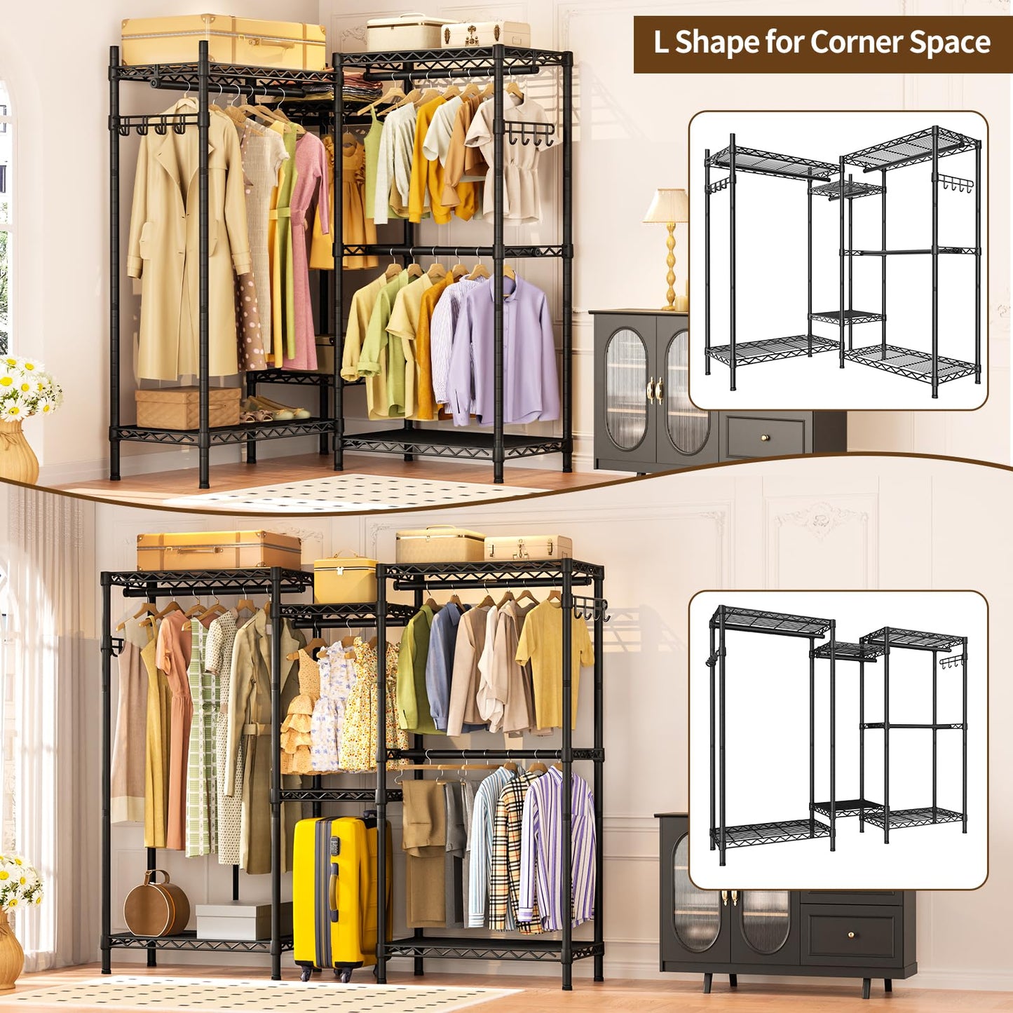 Golpart Heavy Duty Garment Rack Clothes Rack,Large Metal Closet Organizer System Storage Wardrobe,Freestanding Clothing Rack Black 15.75" D x 77.5" W x 77" H