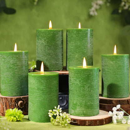 6 Pack Moss Green Soy Pillar Candles, 2.8x4in - 330H Total Burn Time - Rustic Textured Natural Wax - Non-Toxic, Dripless & Smokeless Hand-Poured Candles for Spring Home Decor, Dinner Table, Wedding
