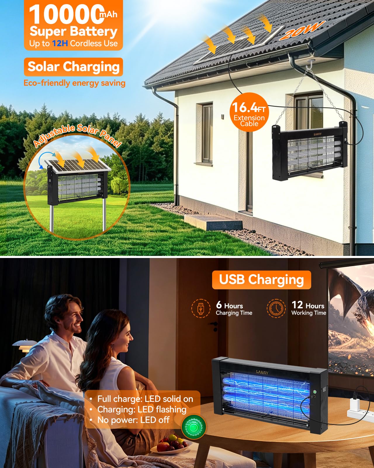 20W Solar Bug Zapper Outdoor, LANGY Upgrade 3-Tube 365nm Solar Mosquito Zapper Outdoor Waterproof, 4500V Electric Cordless Fly Insect Zapper Mosquitos Trap Auto On/Off w 10Ah Battery for Patio Camping