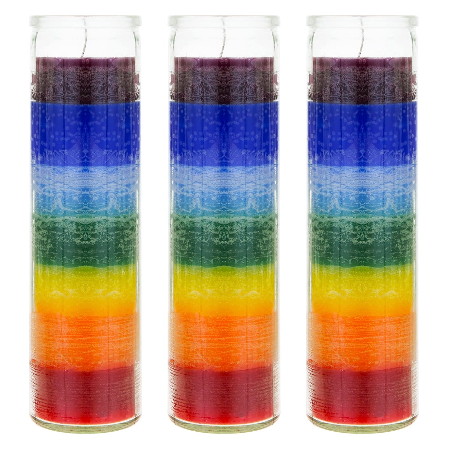 Mega Candles 3 pcs Unscented Multi Color Chakra Glass Devotional Prayer Candles, Hand Poured Premium Wax Candle 2 Inch x 8 Inch, Promotes Positive Energy, Aids Meditation, Relaxation, Spiritual