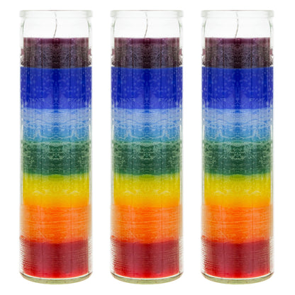Mega Candles 3 pcs Unscented Multi Color Chakra Glass Devotional Prayer Candles, Hand Poured Premium Wax Candle 2 Inch x 8 Inch, Promotes Positive Energy, Aids Meditation, Relaxation, Spiritual