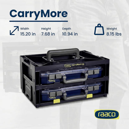 Raaco CarryMore 55 Storage System – Includes 2 CarryLite Slim 2.3 Inch Height Organizers (16 Inserts Each) – Stackable Modular Tool Storage Unit – Portable Hardware & Parts Organizer (2X CarryLite 55)