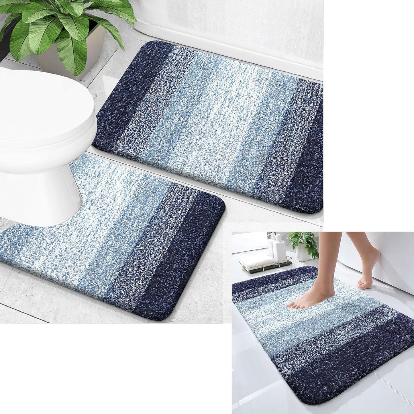 OLANLY Ombre Bath Rug Set - Soft and Absorbent 2-Piece Bathroom Rugs in Airy Blue | 24x16 & 24x20 Inches